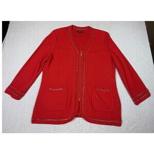 Misook Red Quilted Knit Scoop Neck Cardigan with Chain Trim size Large